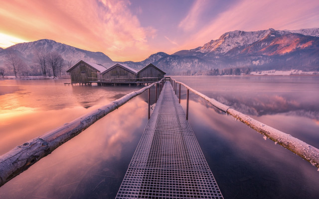 Lake houses mountains dusk reflection free wallpaper for desktop - medium preview image