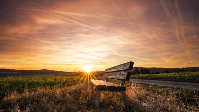 Sunset bench field road lake free wallpaper for desktop - medium preview image