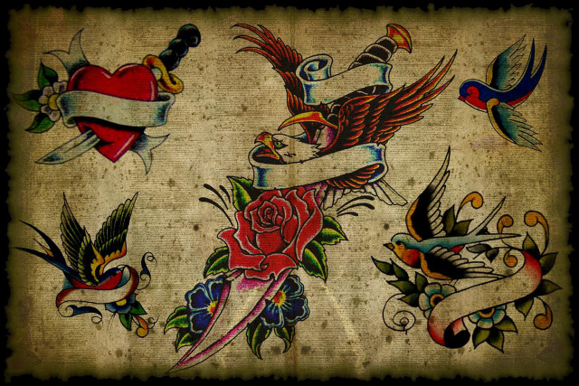 Tattoos rose birds heart paper free wallpaper for desktop - medium preview image