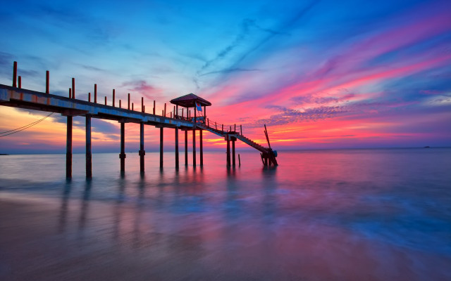 Pier gazebo sunset mystical colors free wallpaper for desktop - medium preview image