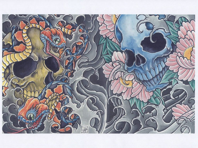 Skulls flowers dragon drawing white free wallpaper for desktop - medium preview image
