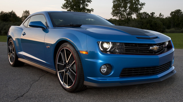 Blue chevrolet camaro forest road free wallpaper for desktop - medium preview image