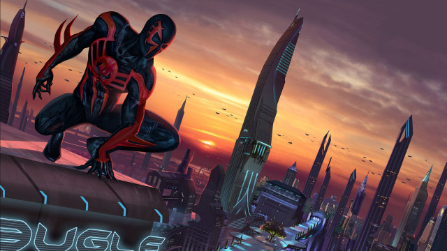 Spiderman futuristiccity neonsunset afrofuturism urban free wallpaper for desktop - medium preview image
