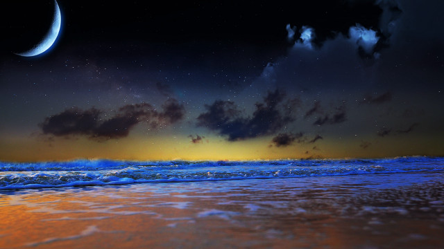 Beach waves crescent moon night free wallpaper for desktop - medium preview image