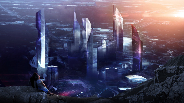Woman cityscape skyscrapers mattepainting sci free wallpaper for desktop - medium preview image