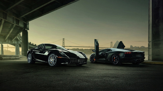 Black sports cars bridge sunset free wallpaper for desktop - medium preview image