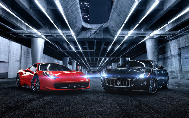Two cars parking garage night free wallpaper for desktop - medium preview image