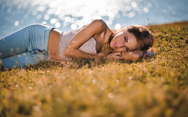 Woman grass water autumn bokeh free wallpaper for desktop - medium preview image