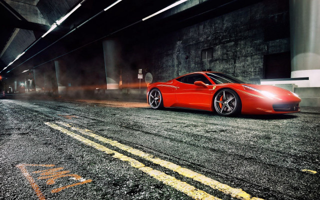 Red sports car tunnel street free wallpaper for desktop - medium preview image