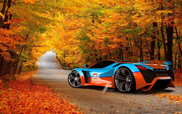 Blue orange sportscar autumn leaves free wallpaper for desktop - medium preview image
