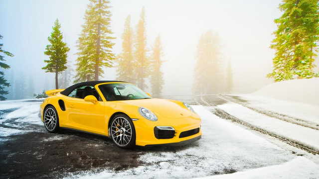 Yellow sports car snowy woods #2 free wallpaper for desktop - medium preview image