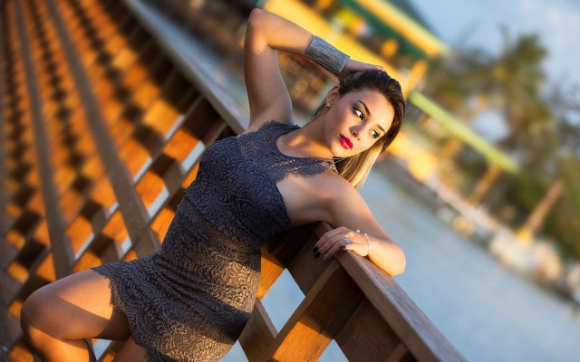 Woman bench water bridge fashion free wallpaper for desktop - medium preview image