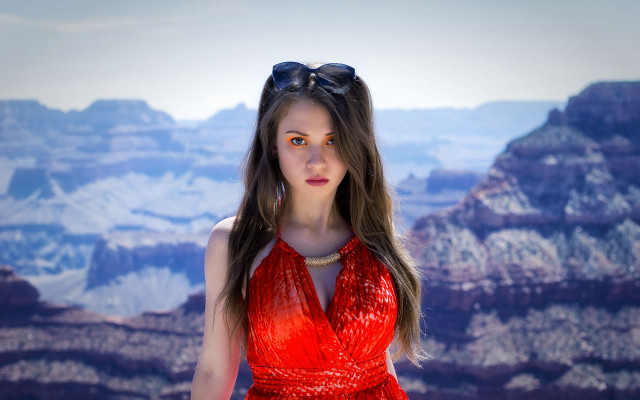 Woman red dress mountains sunglasses free wallpaper for desktop - medium preview image