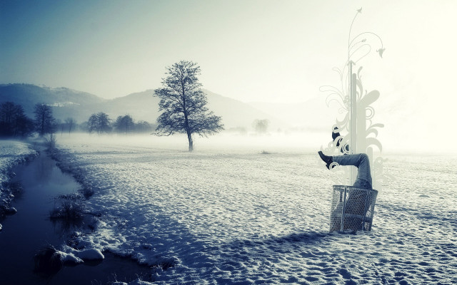 Person bench snow tree foggy free wallpaper for desktop - medium preview image