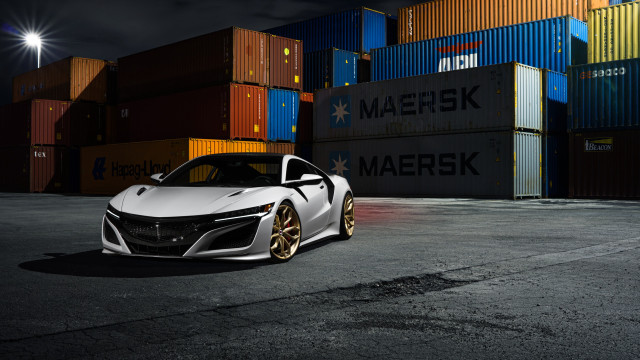 White sports car shipping containers free wallpaper for desktop - medium preview image