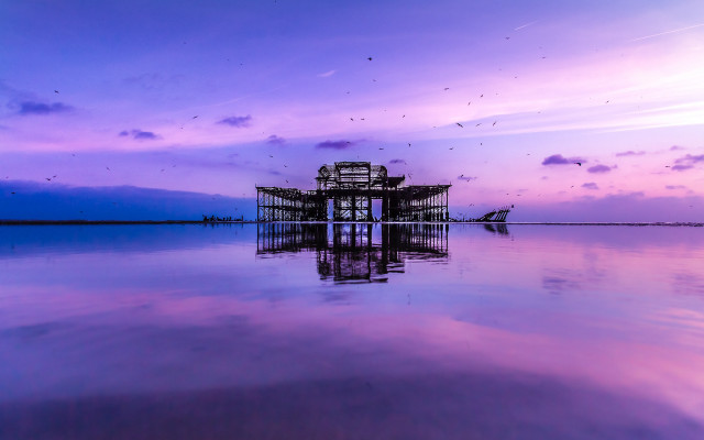 Pier lake purple sky birds free wallpaper for desktop - medium preview image