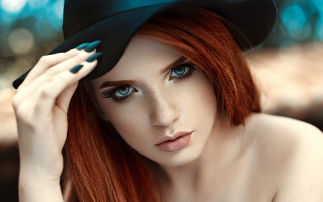 Red hair black hat blue free wallpaper for desktop - medium preview image