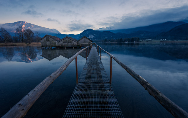 Dock wooden structure mountains dusk free wallpaper for desktop - medium preview image
