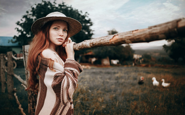 Woman hat fence phone ducks free wallpaper for desktop - medium preview image