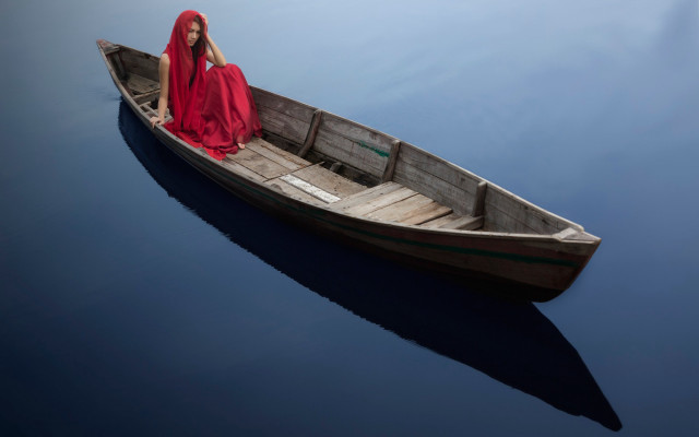 Woman red dress boat water #2 free wallpaper for desktop - medium preview image