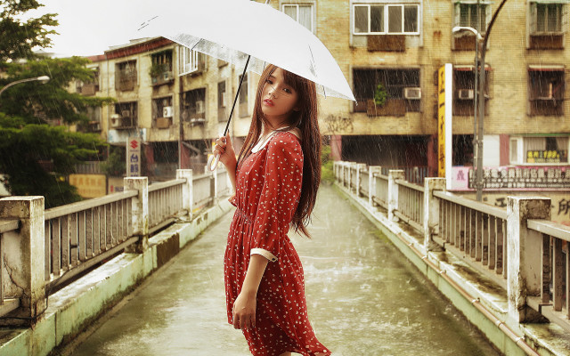 Woman red dress umbrella bridge free wallpaper for desktop - medium preview image