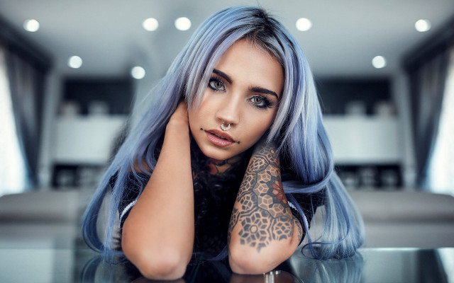 Blue haired tattooed woman moonlight free wallpaper for desktop - medium preview image