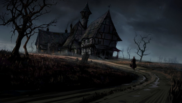 Creepy house person walking road free wallpaper for desktop - medium preview image