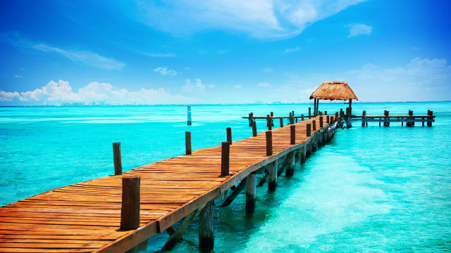 Wooden dock hut ocean blue free wallpaper for desktop - medium preview image