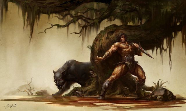 Man sword boar cave moss free wallpaper for desktop - medium preview image