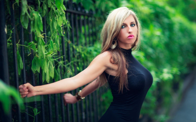 Woman black dress portrait green free wallpaper for desktop - medium preview image