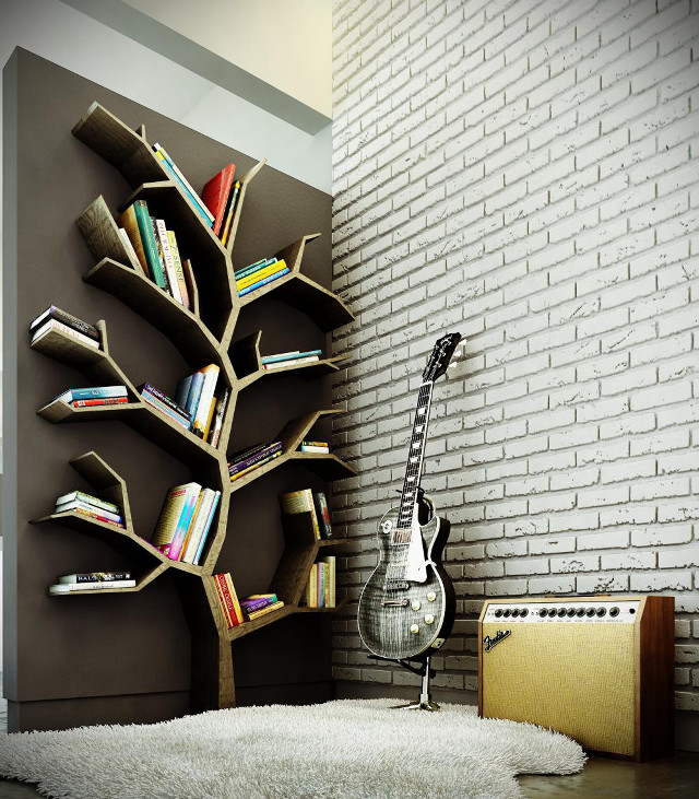 Guitar book shelf brick wall free wallpaper for tablet - medium preview image