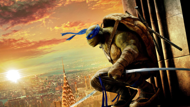 Turtle man sword cityscape sunset free wallpaper for desktop - medium preview image