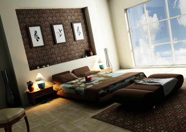 Bedroom large bed corner window free wallpaper for desktop - medium preview image