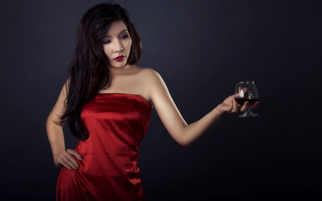 Woman red dress wine serious #2 free wallpaper for desktop - medium preview image