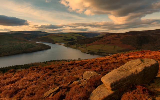 Large rock green hillside lake free wallpaper for desktop - medium preview image