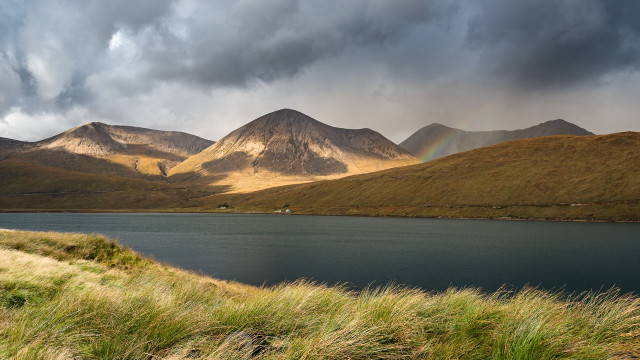 Lake mountains rainbow cloudy sky free wallpaper for desktop - medium preview image