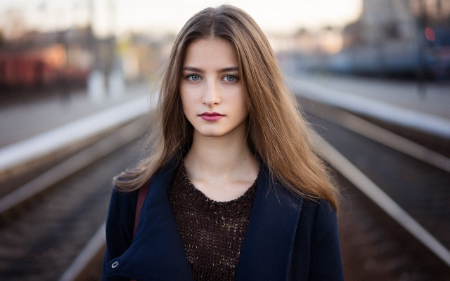 Woman traintrack serious blueeyes denim free wallpaper for desktop - medium preview image