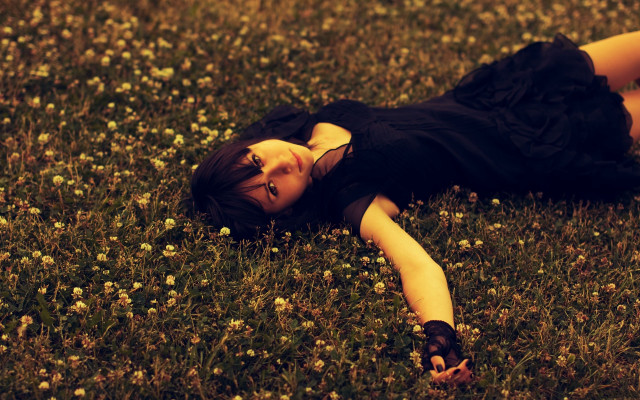 Gothic dreamlike woman flowerfield blackdress free wallpaper for desktop - medium preview image