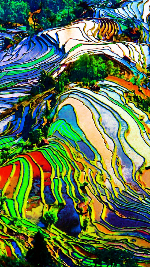 Colorful painting mountain range trees free wallpaper for mobile - medium preview image