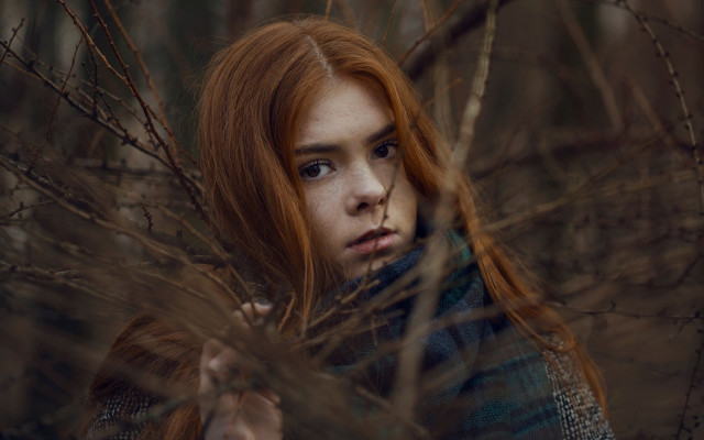Woman red hair field portrait free wallpaper for desktop - medium preview image