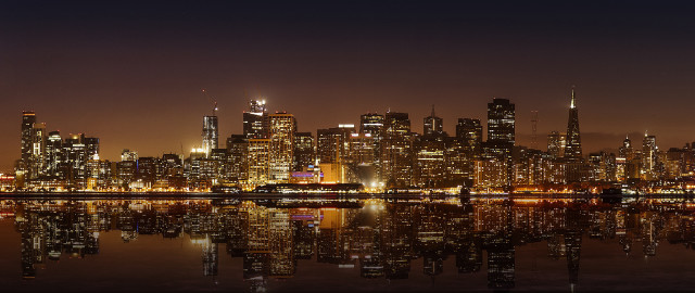 City skyline night reflection train free wallpaper for desktop - medium preview image