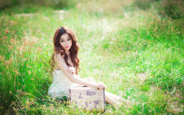 Woman field suitcase nature fashion free wallpaper for desktop - medium preview image