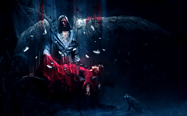 Woman bird dog gothic darkfantasy free wallpaper for desktop - medium preview image