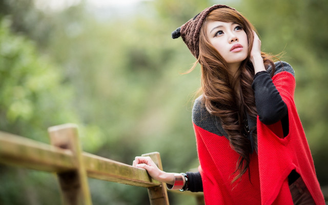 Woman redsweater hat fence lookup free wallpaper for desktop - medium preview image