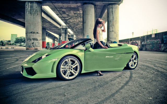 Woman green sports car bridge free wallpaper for desktop - medium preview image