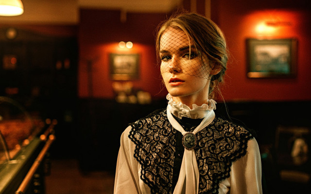 Woman veil blouse restaurant piano free wallpaper for desktop - medium preview image