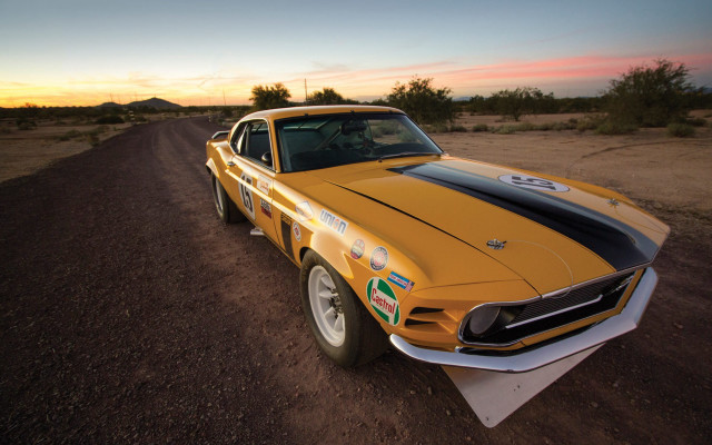 Yellow mustang dirt road sunset free wallpaper for desktop - medium preview image