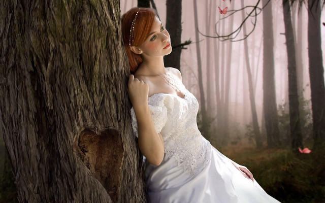 Woman white dress forest pink free wallpaper for desktop - medium preview image