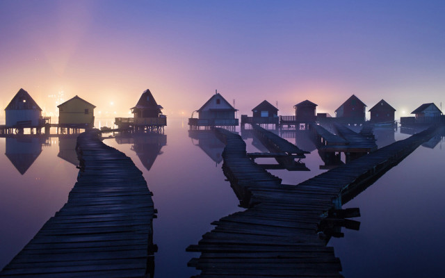 Dock houses dusk foggy sky free wallpaper for desktop - medium preview image