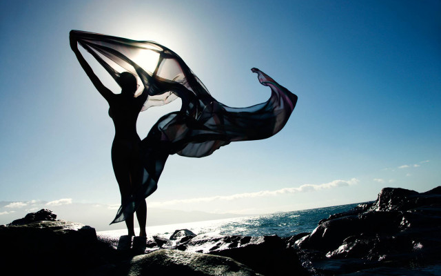 Woman ocean rock dress scarf free wallpaper for desktop - medium preview image